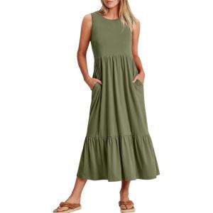ANRABESS Women Summer Casual Sleeveless Crewneck Sundress Aline Flowy Tiered Maxi Long Beach Dress Vacation Outfits(Olive)