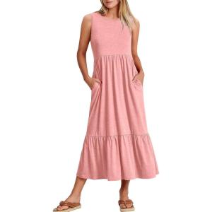 ANRABESS Women Summer Casual Sleeveless Crewneck Sundress Aline Flowy Tiered Maxi Long Beach Dress Vacation Outfits(Pink)