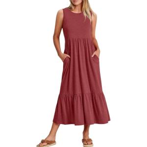 ANRABESS Women Summer Casual Sleeveless Crewneck Sundress Aline Flowy Tiered Maxi Long Beach Dress Vacation Outfits(Red)