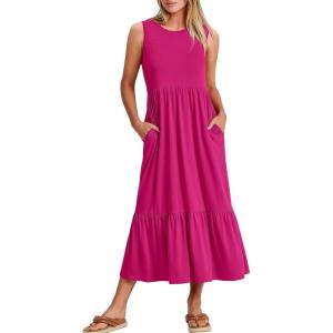ANRABESS Women Summer Casual Sleeveless Crewneck Sundress Aline Flowy Tiered Maxi Long Beach Dress Vacation Outfits(Rose)