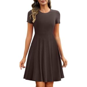 ANRABESS Women Summer Short Sleeve Ribbed Knit Fit & Flare A-Line Flowy Business Casual Work Basic Mini Dress with Pockets(Dark Coffee)
