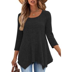 ANRABESS Womens 3/4 Sleeve Flowy Tunic Tops Crew Neck Ribbed Loose Fit Side Slit Shirts Casual Blouses 2025 Fall Clothes(Black)