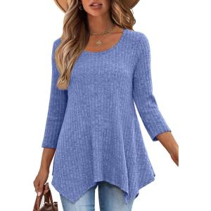 ANRABESS Womens 3/4 Sleeve Flowy Tunic Tops Crew Neck Ribbed Loose Fit Side Slit Shirts Casual Blouses 2025 Fall Clothes(Blue)