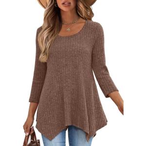ANRABESS Womens 3/4 Sleeve Flowy Tunic Tops Crew Neck Ribbed Loose Fit Side Slit Shirts Casual Blouses 2025 Fall Clothes(Dark Brown)