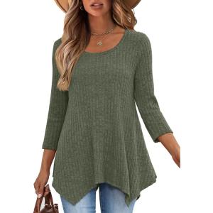 ANRABESS Womens 3/4 Sleeve Flowy Tunic Tops Crew Neck Ribbed Loose Fit Side Slit Shirts Casual Blouses 2025 Fall Clothes(Deep Green)