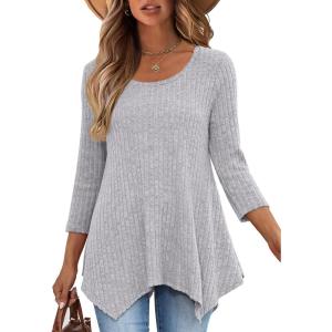 ANRABESS Womens 3/4 Sleeve Flowy Tunic Tops Crew Neck Ribbed Loose Fit Side Slit Shirts Casual Blouses 2025 Fall Clothes(Grey)