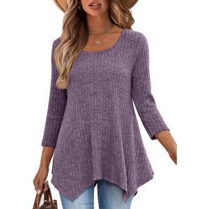 ANRABESS Womens 3/4 Sleeve Flowy Tunic Tops Crew Neck Ribbed Loose Fit Side Slit Shirts Casual Blouses 2025 Fall Clothes(Purple)