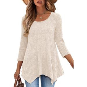 ANRABESS Womens 3/4 Sleeve Flowy Tunic Tops Crew Neck Ribbed Loose Fit Side Slit Shirts Casual Blouses 2025 Fall Clothes(Yellow Beige)