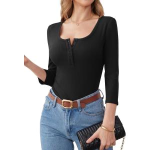 ANRABESS Womens 3/4 Sleeve Henley Shirts Ribbed Knit Slim Fit Casual Basic T Shirts 2025 Summer Fall Button Up Blouse Outfits(Black)