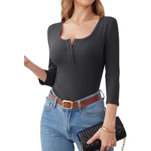 ANRABESS Womens 3/4 Sleeve Henley Shirts Ribbed Knit Slim Fit Casual Basic T Shirts 2025 Summer Fall Button Up Blouse Outfits(Charcoal)