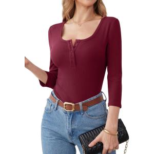 ANRABESS Womens 3/4 Sleeve Henley Shirts Ribbed Knit Slim Fit Casual Basic T Shirts 2025 Summer Fall Button Up Blouse Outfits(Deep Red)