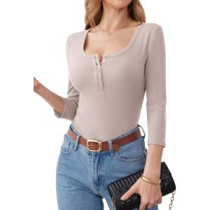 ANRABESS Womens 3/4 Sleeve Henley Shirts Ribbed Knit Slim Fit Casual Basic T Shirts 2025 Summer Fall Button Up Blouse Outfits(Light Apricot)
