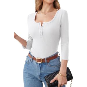 ANRABESS Womens 3/4 Sleeve Henley Shirts Ribbed Knit Slim Fit Casual Basic T Shirts 2025 Summer Fall Button Up Blouse Outfits(White)