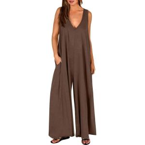 ANRABESS Women’s Casual Summer Loose Jumpsuits Sleeveless Tank V Neck Wide Leg Long Pant Rompers Baggy Jumper with Pockets(Coffee)