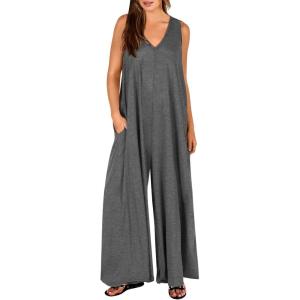 ANRABESS Women’s Casual Summer Loose Jumpsuits Sleeveless Tank V Neck Wide Leg Long Pant Rompers Baggy Jumper with Pockets(Light Grey)