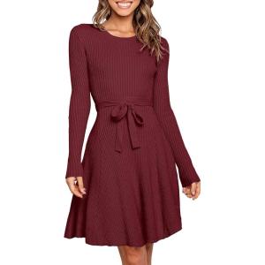 ANRABESS Women’s Long Sleeve Midi Dress Crewneck Tie Waist A-Line Swing Casual Bodycon Ribbed Knit 2025 Fall Sweater Dress(Wine Red)