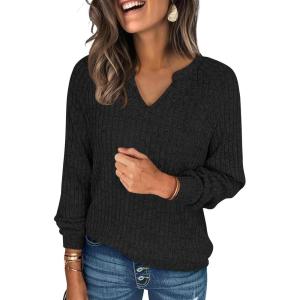 ANRABESS Womens Long Sleeve Shirts Fall Lightweight V Neck Sweater Tops Dressy Casual Loose Fit Tunic 2025 Fashion Clothes(Black)