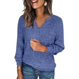 ANRABESS Womens Long Sleeve Shirts Fall Lightweight V Neck Sweater Tops Dressy Casual Loose Fit Tunic 2025 Fashion Clothes(Blue)