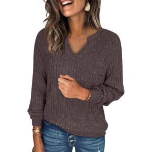 ANRABESS Womens Long Sleeve Shirts Fall Lightweight V Neck Sweater Tops Dressy Casual Loose Fit Tunic 2025 Fashion Clothes(Chocolate Brown)