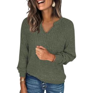 ANRABESS Womens Long Sleeve Shirts Fall Lightweight V Neck Sweater Tops Dressy Casual Loose Fit Tunic 2025 Fashion Clothes(Deep Green)