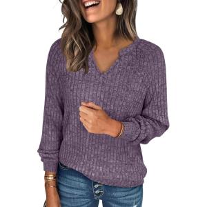 ANRABESS Womens Long Sleeve Shirts Fall Lightweight V Neck Sweater Tops Dressy Casual Loose Fit Tunic 2025 Fashion Clothes(Purple)