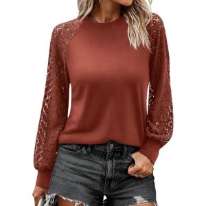 ANRABESS Womens Long Sleeve Shirts Lace Tops Business Casual Blouses 2025 Fall Fashion Outfits(Brown)