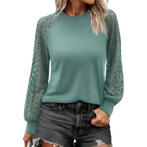 ANRABESS Womens Long Sleeve Shirts Lace Tops Business Casual Blouses 2025 Fall Fashion Outfits(Lake Green)