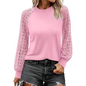 ANRABESS Womens Long Sleeve Shirts Lace Tops Business Casual Blouses 2025 Fall Fashion Outfits(Pink)