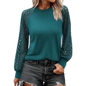 ANRABESS Womens Long Sleeve Shirts Lace Tops Business Casual Blouses 2025 Fall Fashion Outfits(Teal)
