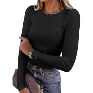 ANRABESS Womens Long Sleeve Shirts Seamed Cup Crewneck Rib Knit Slim Tight Basic Top 2025 Fall Dressy Casual Corset T-Shirts(Black)