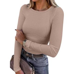 ANRABESS Womens Long Sleeve Shirts Seamed Cup Crewneck Rib Knit Slim Tight Basic Top 2025 Fall Dressy Casual Corset T-Shirts(Light Camel)