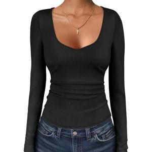 ANRABESS Womens Long Sleeve Tops Sweetheart Neck Ribbed Knit Slim Fitted Shirts Basic Layer Tees 2025 Fall Outfits(Black)