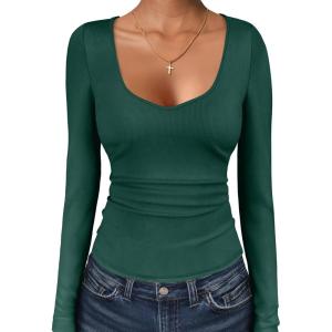 ANRABESS Womens Long Sleeve Tops Sweetheart Neck Ribbed Knit Slim Fitted Shirts Basic Layer Tees 2025 Fall Outfits(Deep Green)