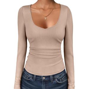 ANRABESS Womens Long Sleeve Tops Sweetheart Neck Ribbed Knit Slim Fitted Shirts Basic Layer Tees 2025 Fall Outfits(Light Camel)