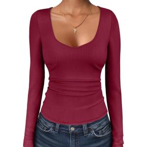 ANRABESS Womens Long Sleeve Tops Sweetheart Neck Ribbed Knit Slim Fitted Shirts Basic Layer Tees 2025 Fall Outfits(Wine Red)