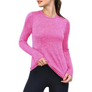 ANRABESS Womens Long Sleeve Workout Quick Dry Fitted Yoga Gym Athletic Shirts(Hot Pink)