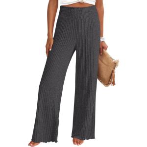 ANRABESS Womens Ribbed Knit Lounge Pajama Pants Casual Elastic High Waist Loose Wide Leg Pants 2025 Fall Comfy PJ Bottoms﻿ Dark Grey X-Large
