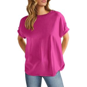 ANRABESS Womens Tops Oversized T Shirts Loose Fit Short Sleeve Crewneck Summer Casual 2025 Trendy Boxy Tee Blouse(Hot Pink)