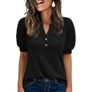 ANRABESS Women’s Tops Puff Short Sleeve Henley Shirt Dressy Casual Blouses Summer Sweater 2026 Spring Business Cute Tunics(Black)