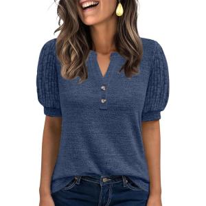 ANRABESS Women’s Tops Puff Short Sleeve Henley Shirt Dressy Casual Blouses Summer Sweater 2026 Spring Business Cute Tunics(Blue)