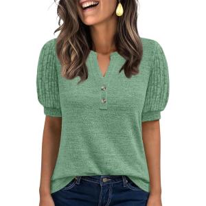 ANRABESS Women’s Tops Puff Short Sleeve Henley Shirt Dressy Casual Blouses Summer Sweater 2026 Spring Business Cute Tunics(Green)