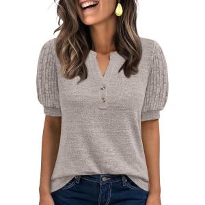 ANRABESS Women’s Tops Puff Short Sleeve Henley Shirt Dressy Casual Blouses Summer Sweater 2026 Spring Business Cute Tunics(Khaki)