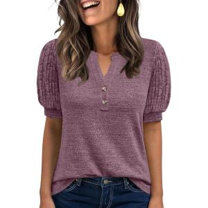 ANRABESS Women’s Tops Puff Short Sleeve Henley Shirt Dressy Casual Blouses Summer Sweater 2026 Spring Business Cute Tunics(Purple)