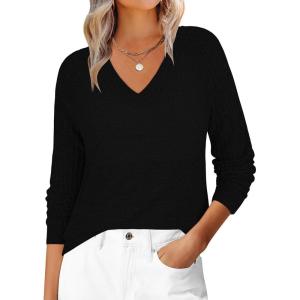 ANRABESS Womens V Neck Ribbed Long Sleeve 2025 Fall Lightweight Soft Sweaters Top(Black)