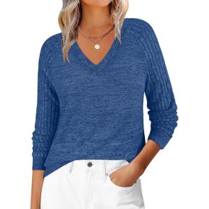 ANRABESS Womens V Neck Ribbed Long Sleeve 2025 Fall Lightweight Soft Sweaters Top(Blue)
