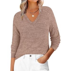 ANRABESS Womens V Neck Ribbed Long Sleeve 2025 Fall Lightweight Soft Sweaters Top(Burnt Tan)