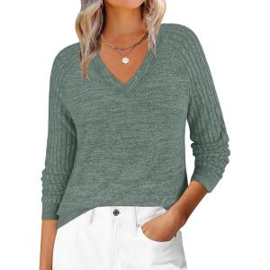 ANRABESS Womens V Neck Ribbed Long Sleeve 2025 Fall Lightweight Soft Sweaters Top(Deep Green)
