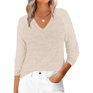 ANRABESS Womens V Neck Ribbed Long Sleeve 2025 Fall Lightweight Soft Sweaters Top(Parchment)