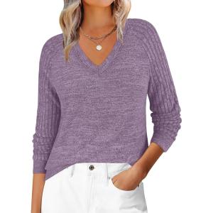 ANRABESS Womens V Neck Ribbed Long Sleeve 2025 Fall Lightweight Soft Sweaters Top(Purple)