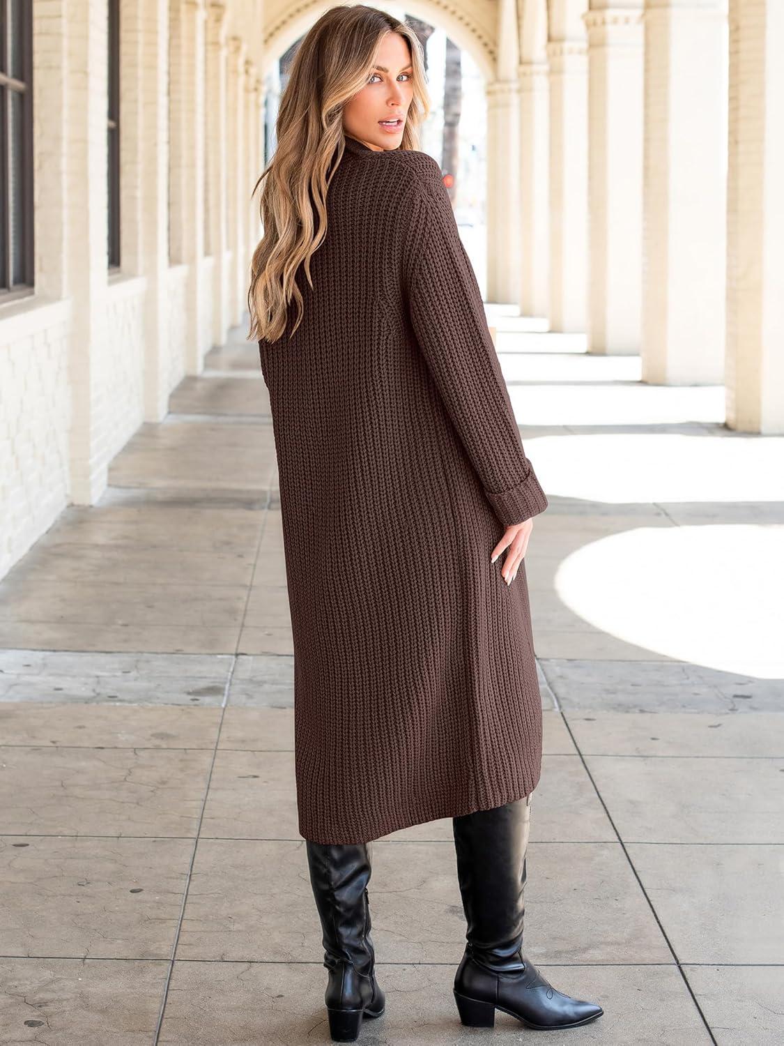 imageANRABESS Women Knit Long Cardigan Long Sleeve Open Front Lapel Oversized Sweater Coat 2025 Fall Duster Outerwear ClothesRed Brown